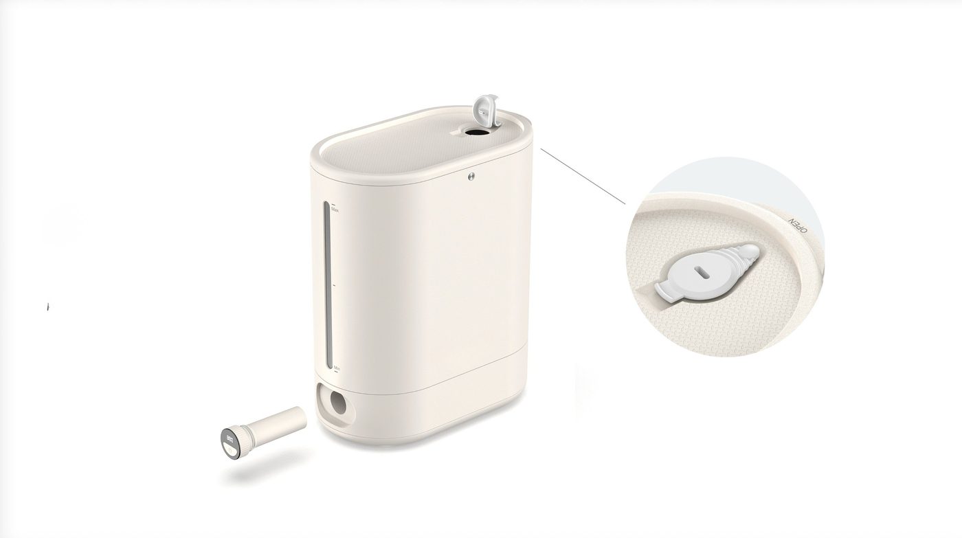 The Ouve fill cap and removable pump cartridge, shown apart from the unit