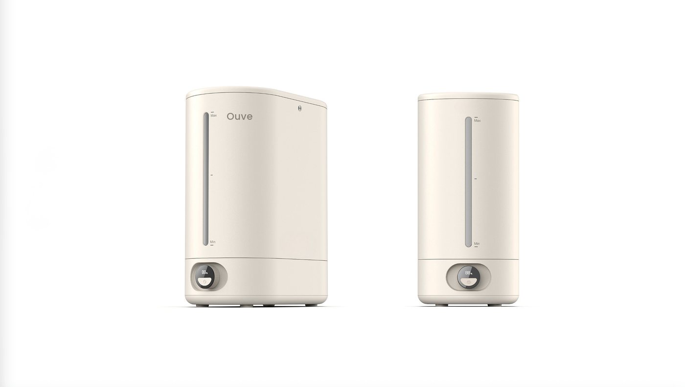 Two front views of the Ouve bidet, water window and dial visible