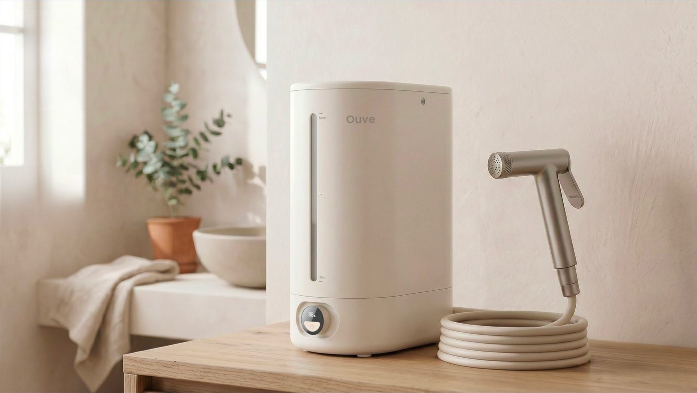 The Ouve freestanding bidet on a wooden counter beside its brushed-steel spray wand and coiled hose
